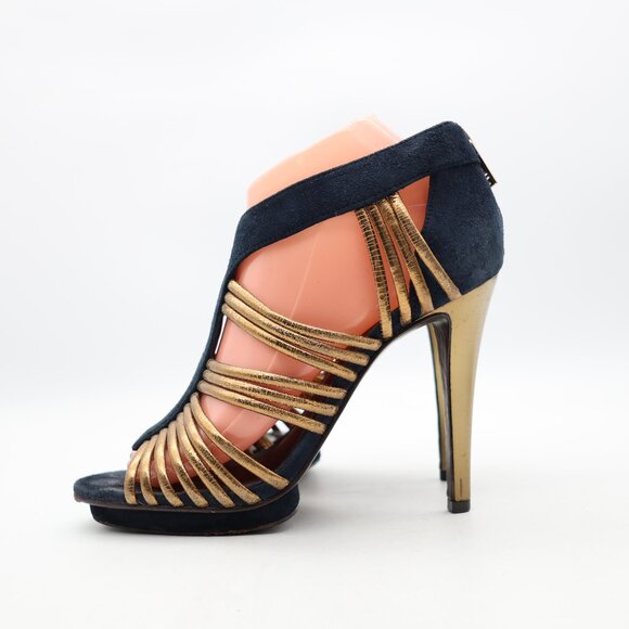 Tory Burch Women's Size 8 M  Blue Navy /Gold Suede Strappy Heels - Picture 4 of 10